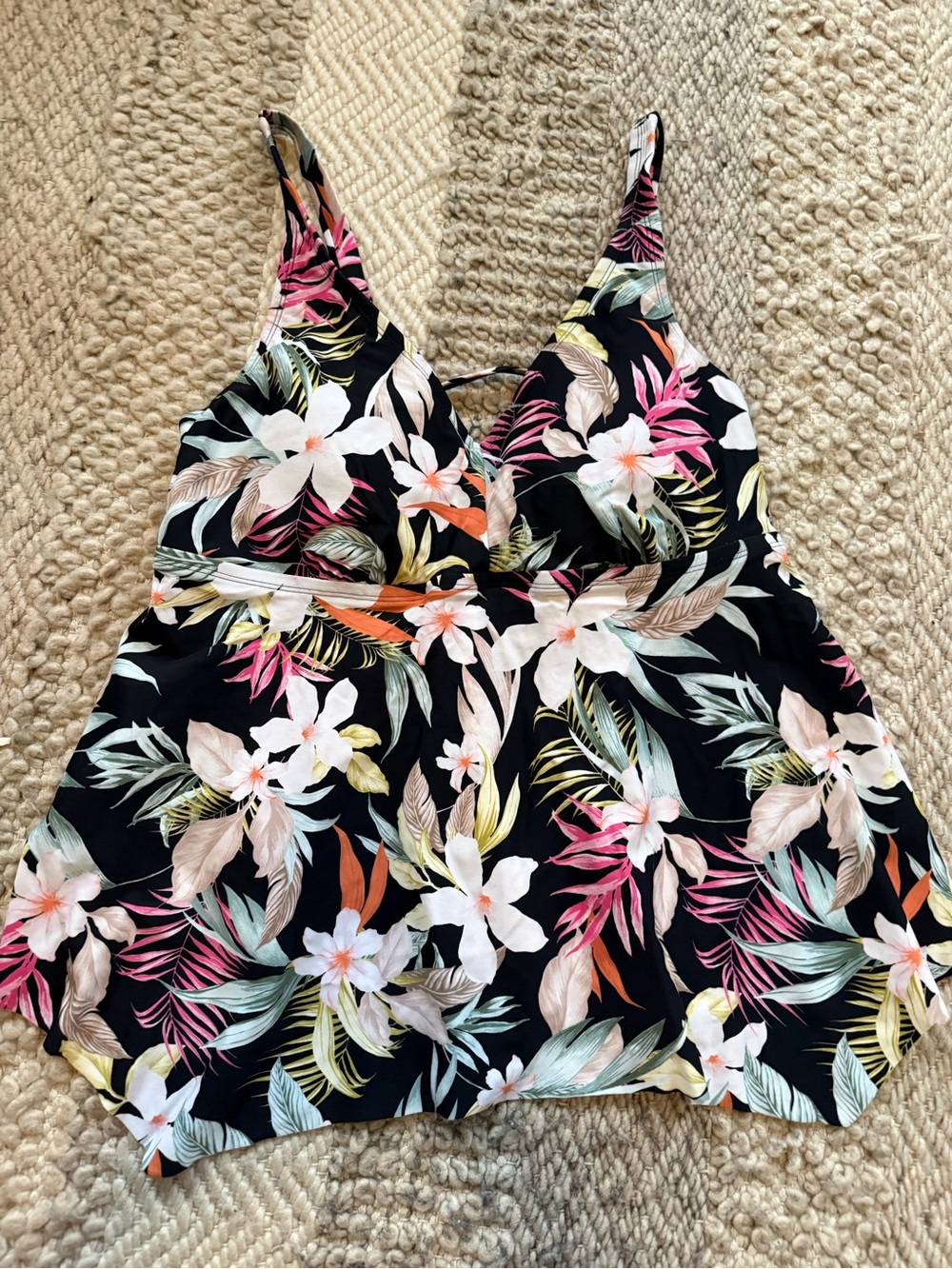 Kona Sol Black Tropical Floral tankini swim top 20/22 2x  padded shelf bra nwt